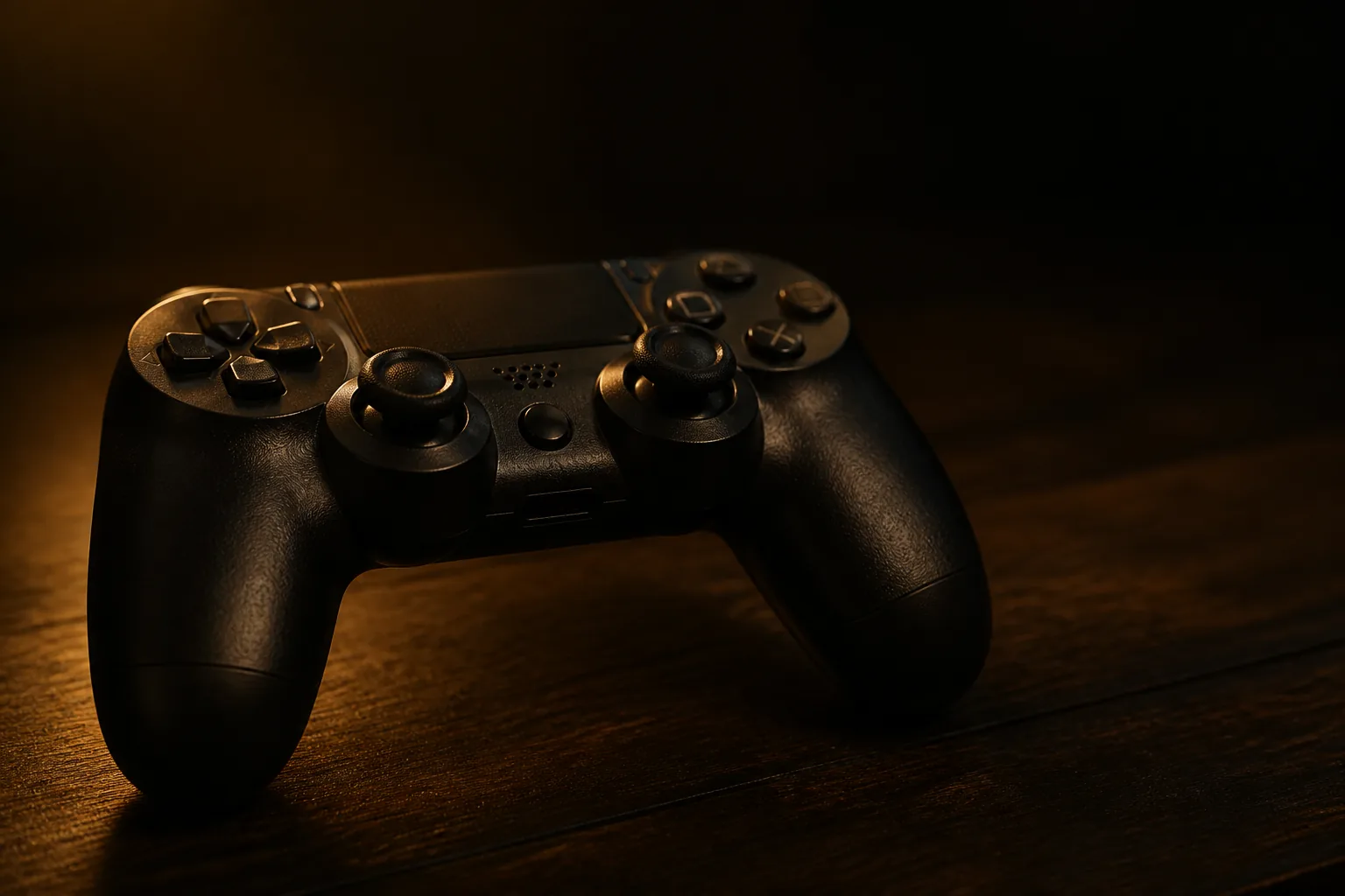 Control de videojuego bajo una luz dorada sobre madera oscura / Game controller under warm golden light on dark wood