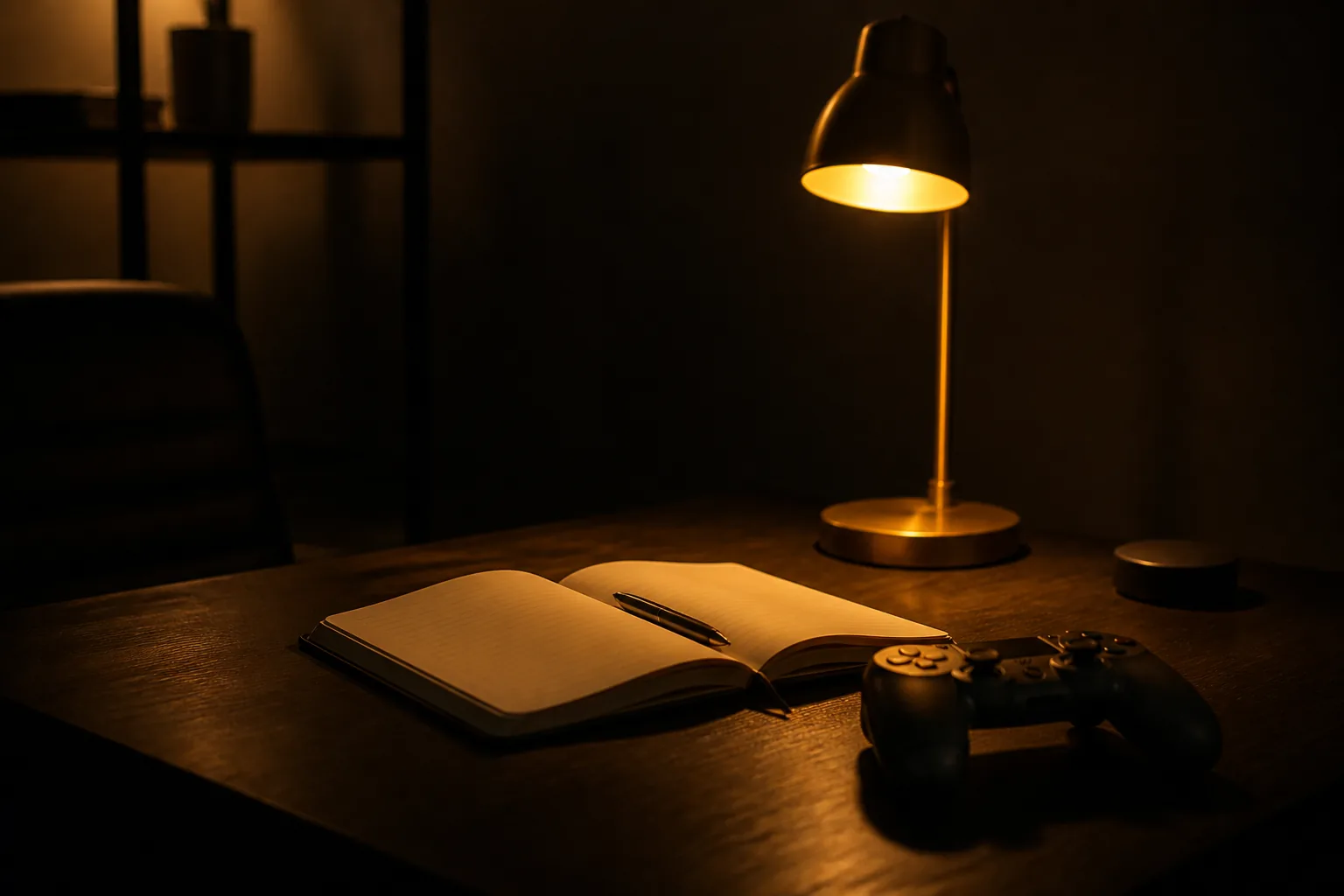 Escritorio de reseñas de noche con luz cálida / Game reviewer's desk at night under warm light