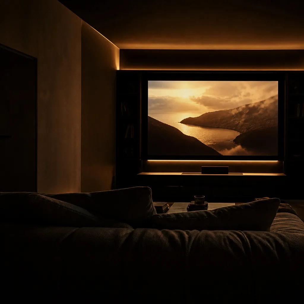 Rincón de cine en casa con pantalla ámbar / Home cinema corner with amber screen