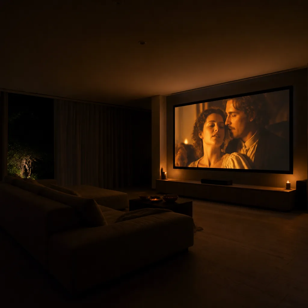 Sala de cine en casa con luz ámbar de noche / Living-room home cinema with amber glow at night