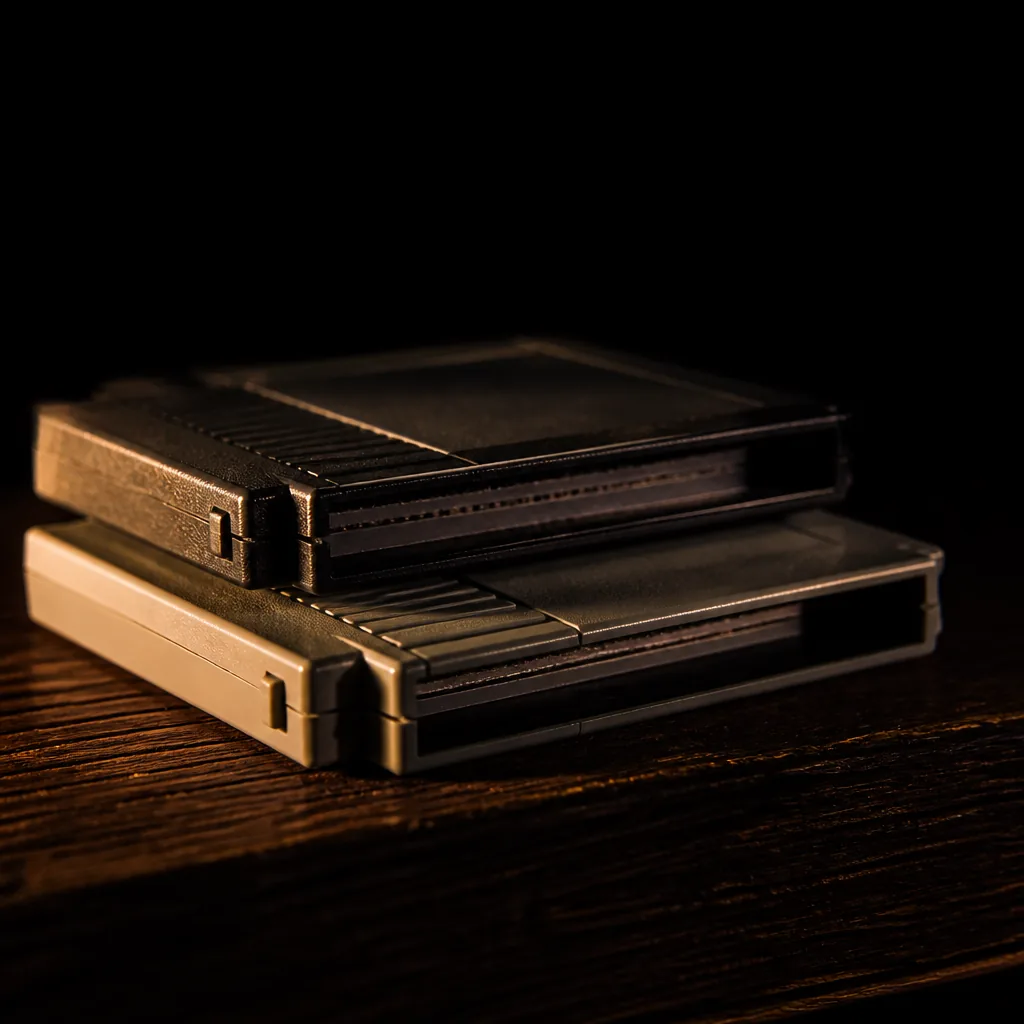 Cartuchos retro en primer plano bajo luz dorada / Retro cartridges macro under golden light