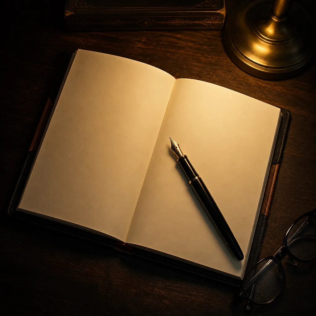 Cuaderno de notas y pluma bajo luz cálida / Review notebook and pen under warm light